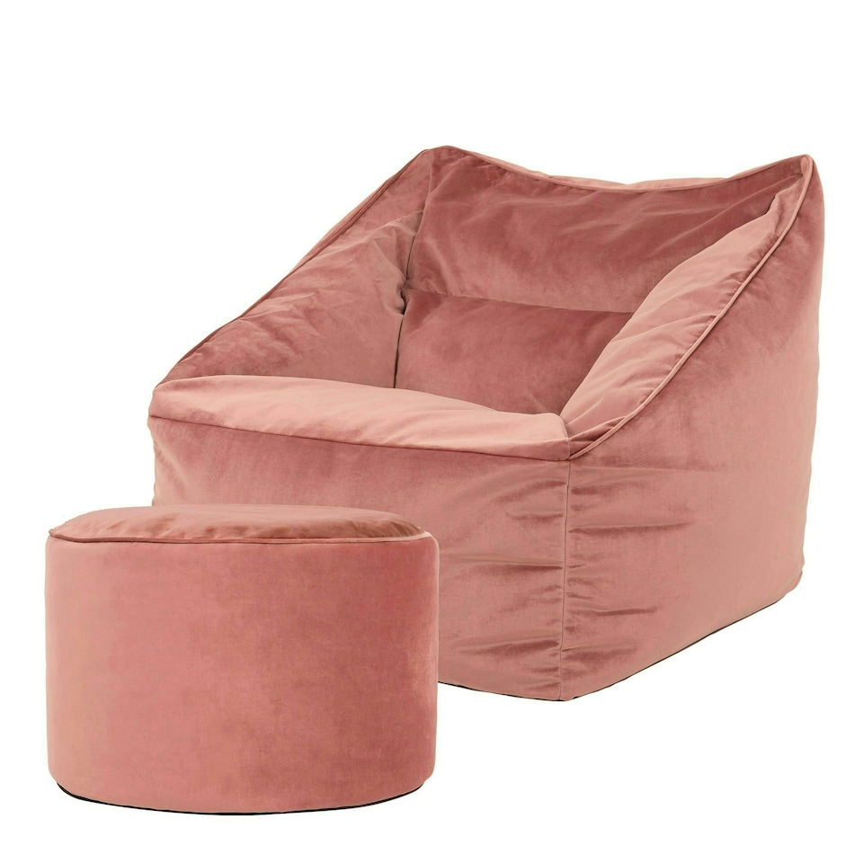 image 1 of icon Natalia Velvet Adults Bean Bag Armchair and Pouffe, Ready Filled Large Beanbag and Footstool Dusk Pink Pink