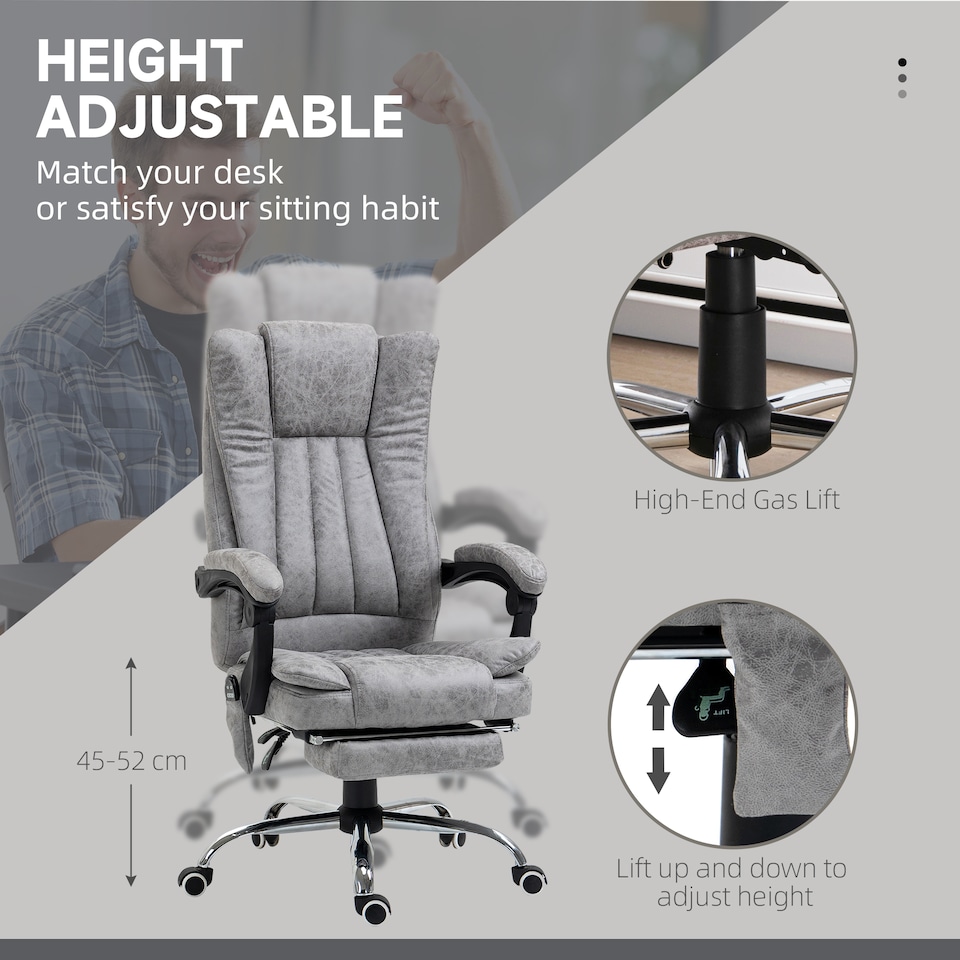 image 1 of Vinsetto Office Chair with Massage and Heat, Microfibre Reclining Computer Desk Chair with Footrest and Adjustable Height, Swivel Wheels for Home Office, Grey