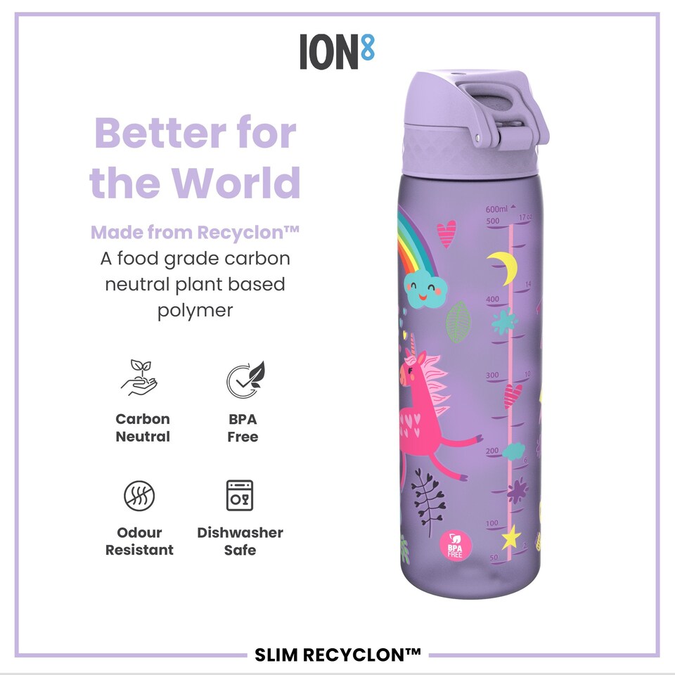image 1 of Leak Proof Slim Water Bottle, BPA Free, 500ml (18oz) | Purple | Unicorns Periwinkle | One Size