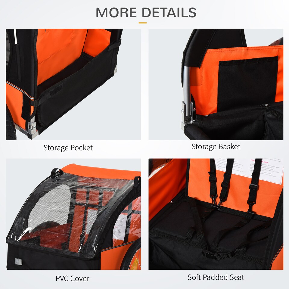 image 1 of HOMCOM 18m  2-Seat Child Bike Trailer for Kid w Steel Frame Seat Belt Orange
