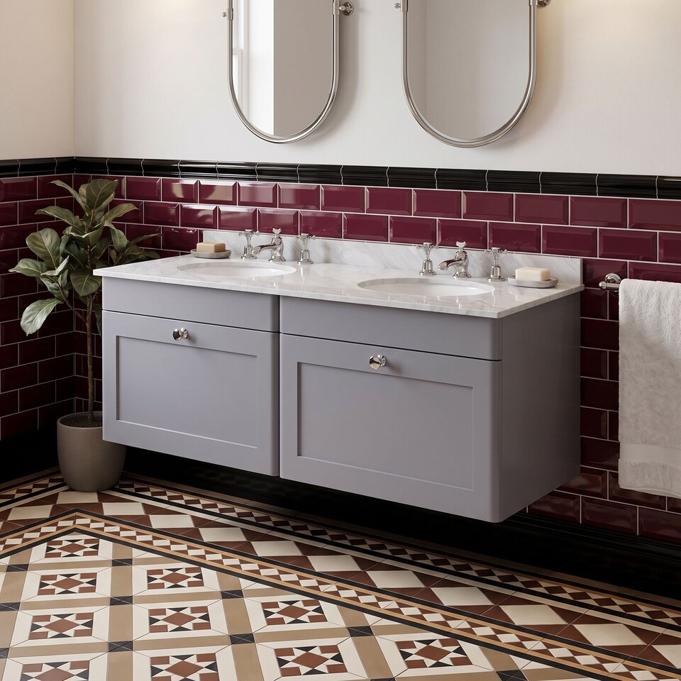 image 1 of Balterley Swynnerton Traditional 2 Drawer Wall Hung Vanity Unit with Double Marble Basin, Satin Grey, 1200mm