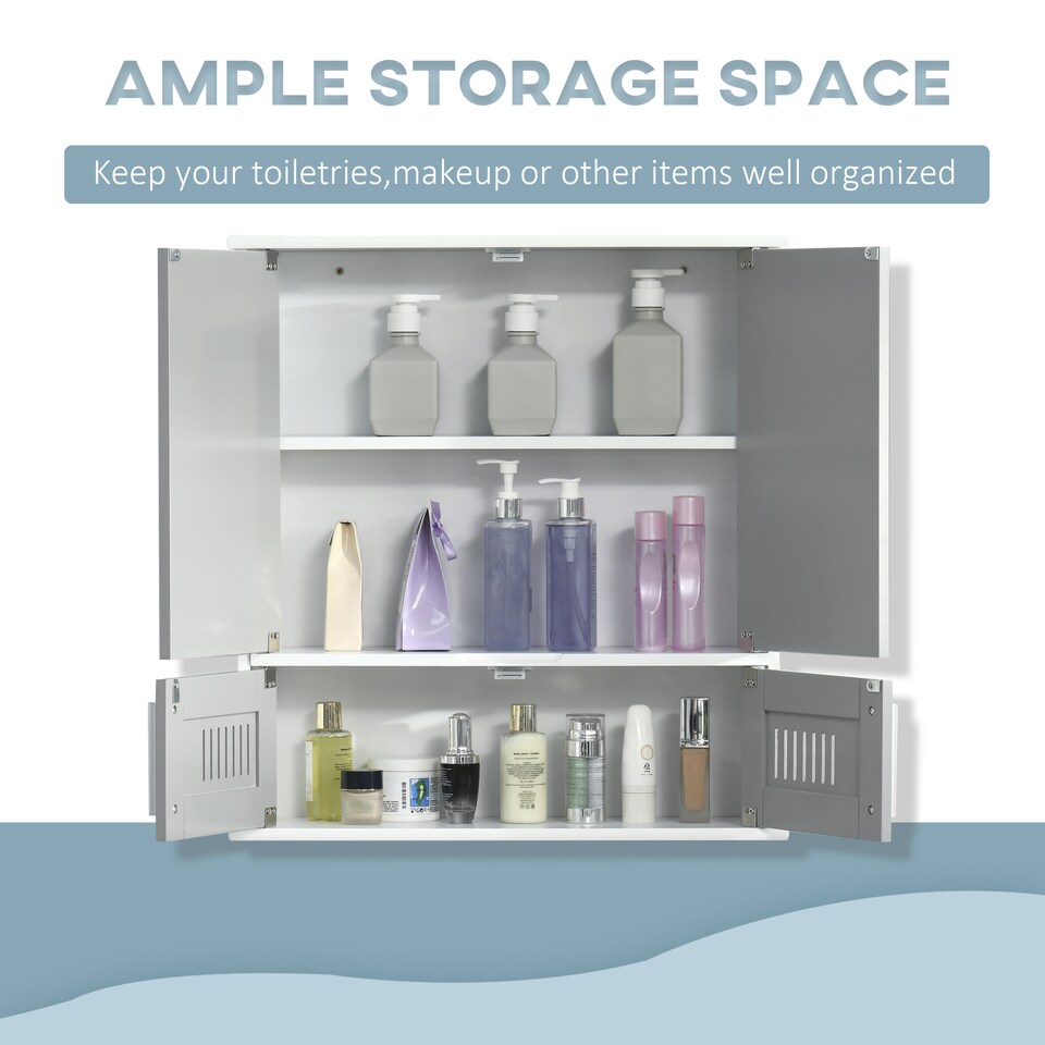 image 1 of kleankin Bathroom Mirror Cabinet, Wall Mounted Storage Cupboard with Double Doors and Adjustable Shelf, Bathroom Organizer, Grey