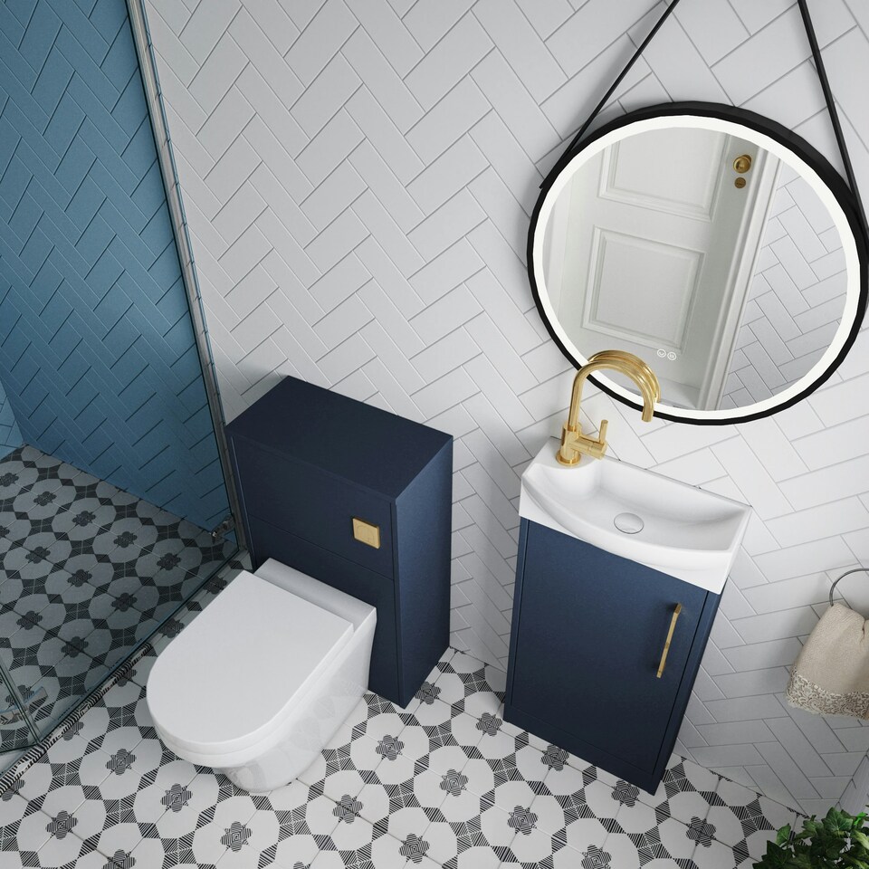 image 1 of Cloakroom Suite - Right Hand 440mm Vanity, WC Unit, Toilet and Tap - Blue/Brass Blue