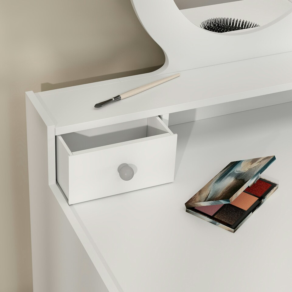 image 1 of AIYAPLAY Kids Dressing Table Set w/ Stool, Mirror, Drawers - White White