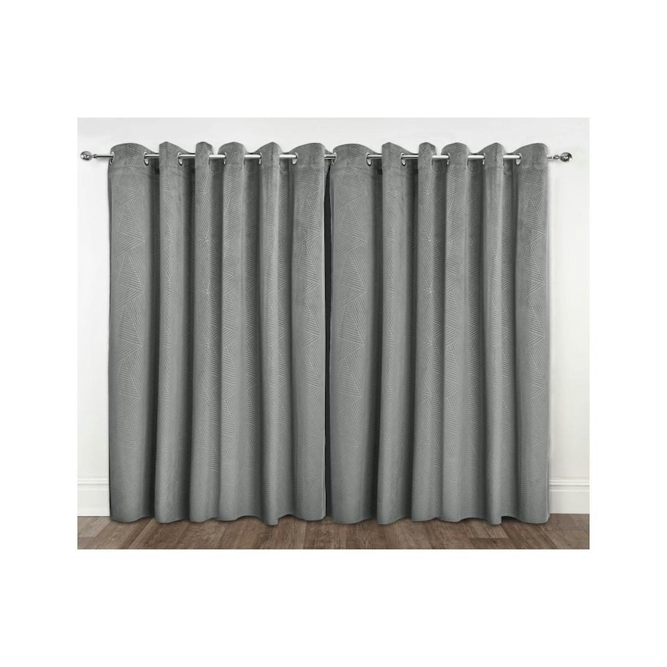 image 1 of Deco Lined Eyelet Geometric Curtains 168cm x 137cm Silver