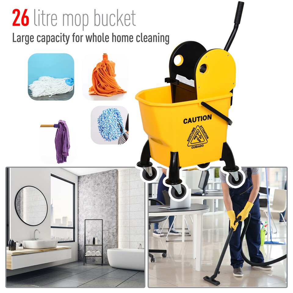 image 1 of HOMCOM 26L Mop Bucket with Wringer, Mop Bucket on Wheels with Carry Handle, Mop Holder, Plastic Body for Household, Yellow