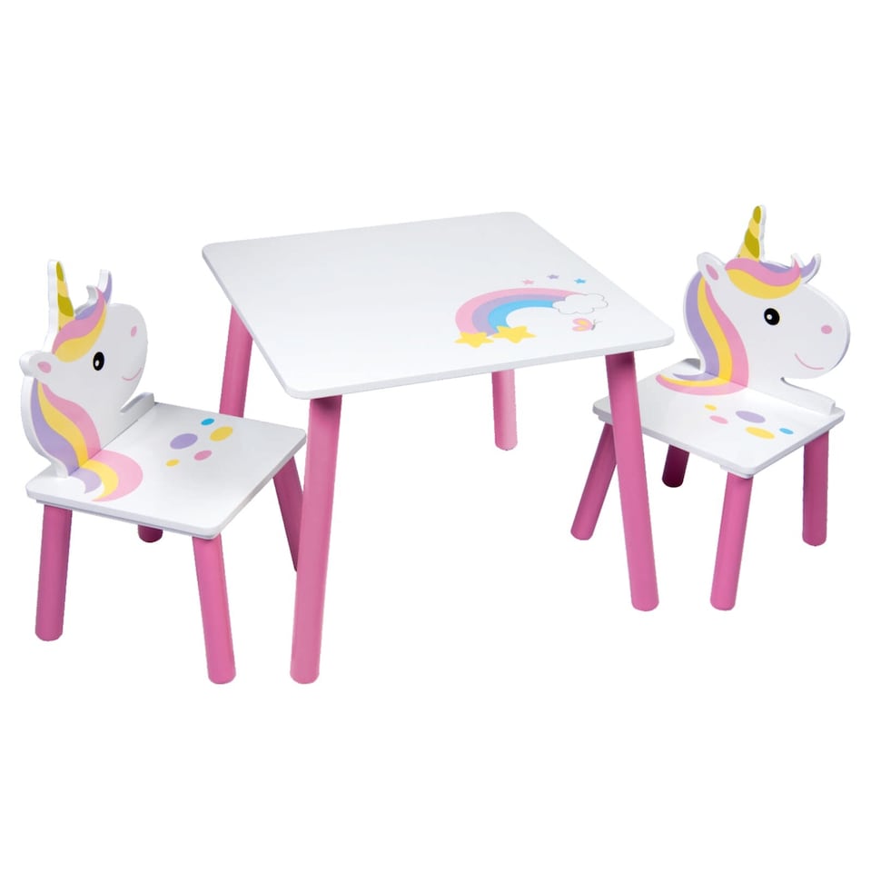 image 1 of Kids Wooden Table And 2 Chairs Themed Set | White | Unicorn | 3