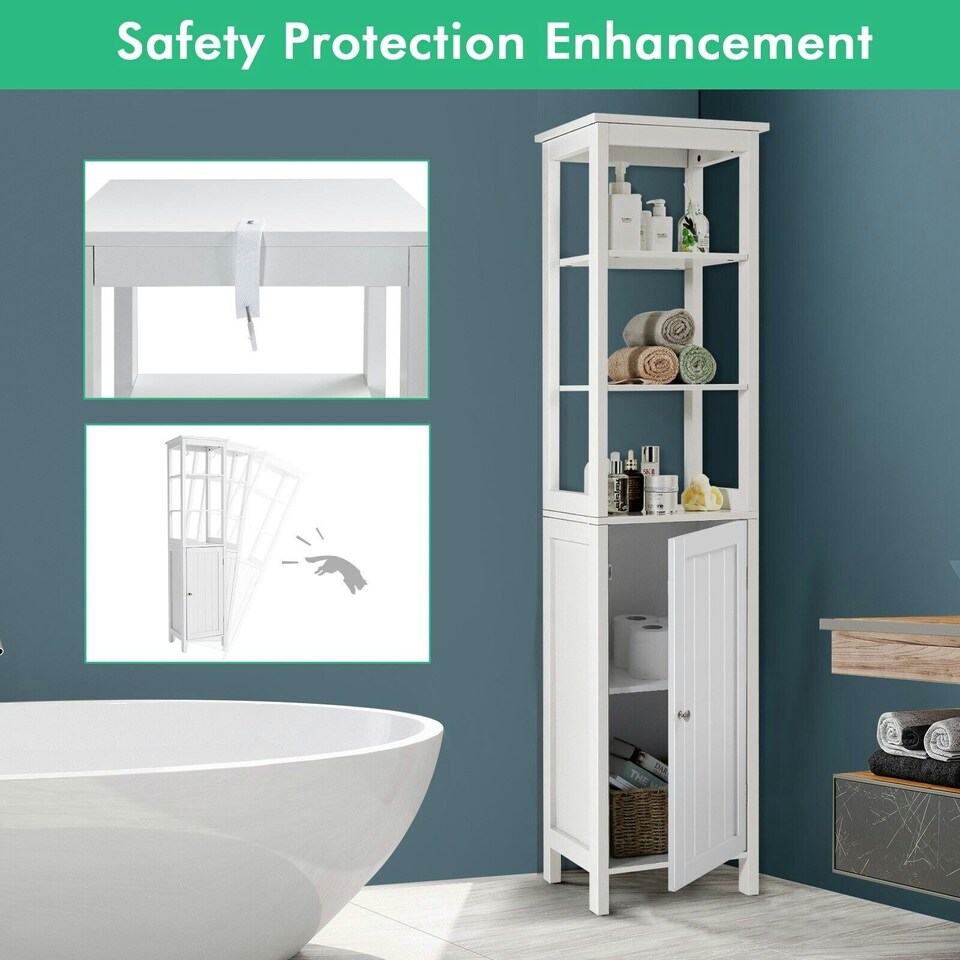 image 1 of COSTWAY 3-Tier Shelf Bathroom High Cabinet Floor Storage Organizer White