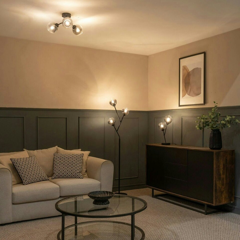 image 1 of ValueLights Aria Black Metal 2 Way Bedside Table Lamp with Smoked Glass Lampshades - Bulbs Included