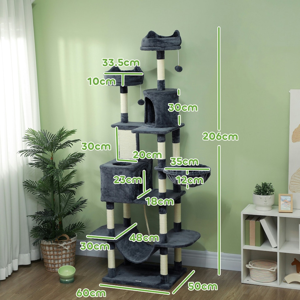 image 1 of PawHut 206cm Cat Tree with Scratching Posts Beds Condos Hammocks, Dark Grey