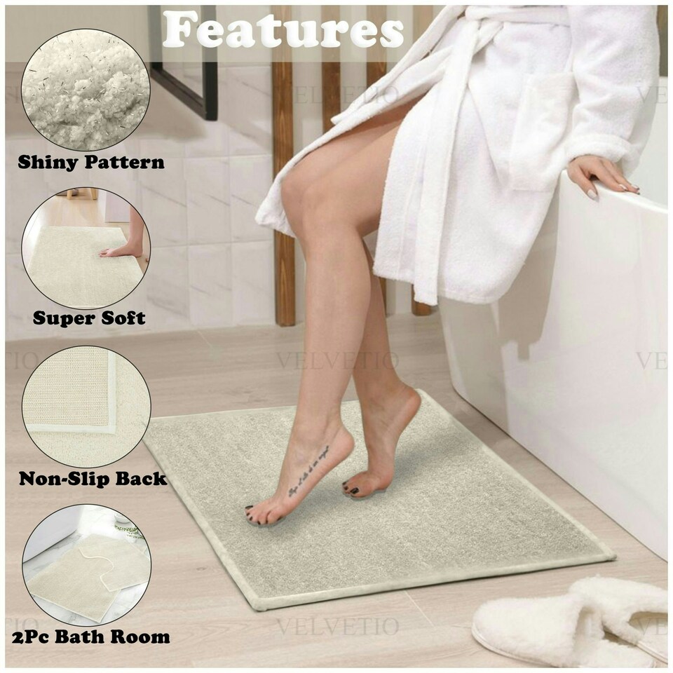 image 1 of VELVETIO Shiny Sparkling Bath Set Anti Slip Pedestal Mat Bathroom Rugs Cream