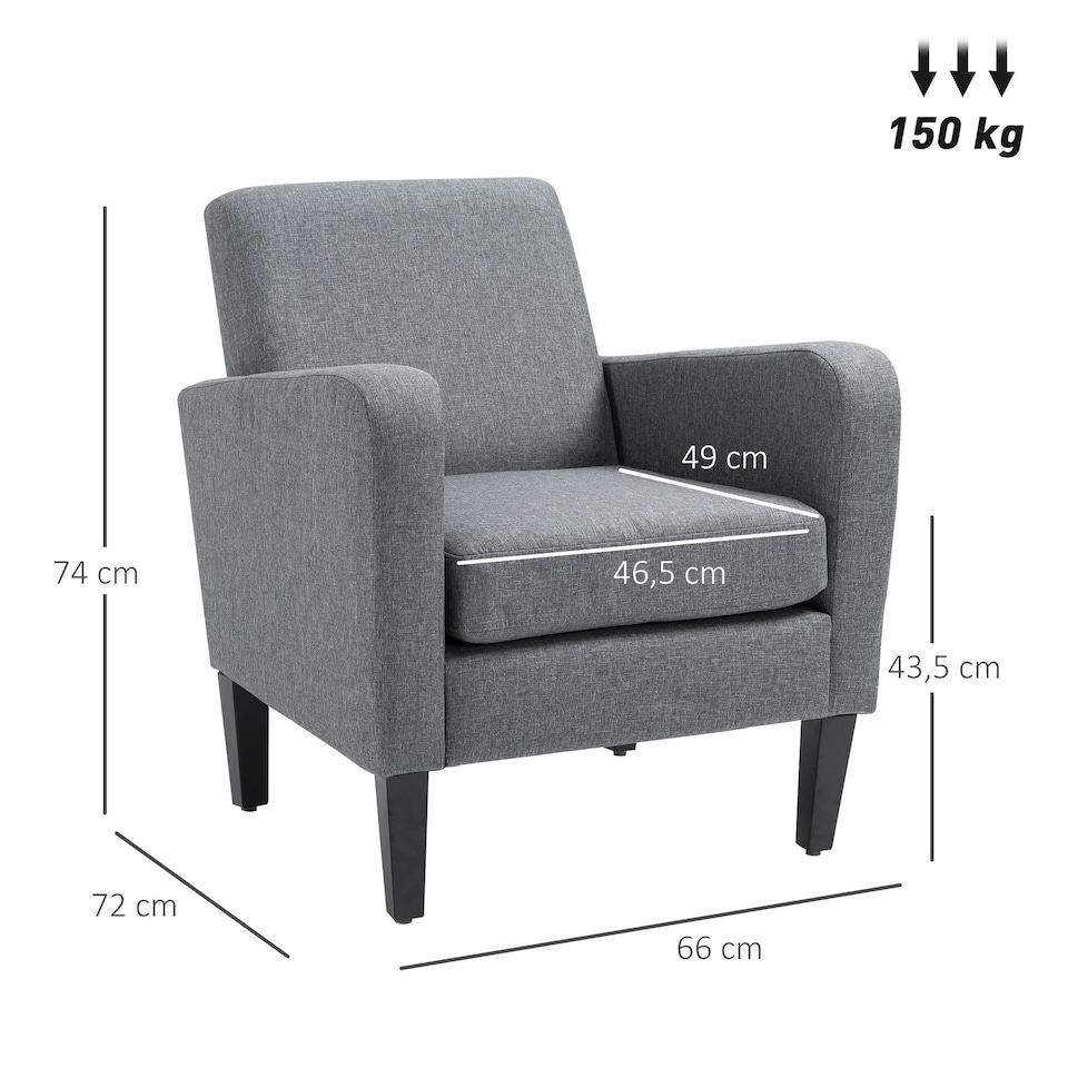 image 1 of HOMCOM Modern Armchair Accent Chair with Rubber Wood Legs for Bedroom Grey