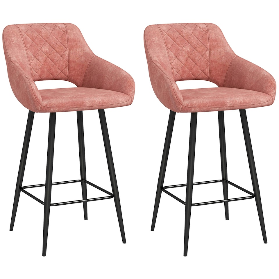 image 1 of HOMCOM Bar Stools Set of 2, Velvet-Touch Fabric Counter Height Bar Chairs Pink