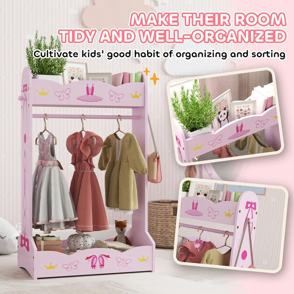 image 1 of AIYAPLAY Kids Clothes Rail w/ Storage Shelves for Bedroom, Nursery, Pink