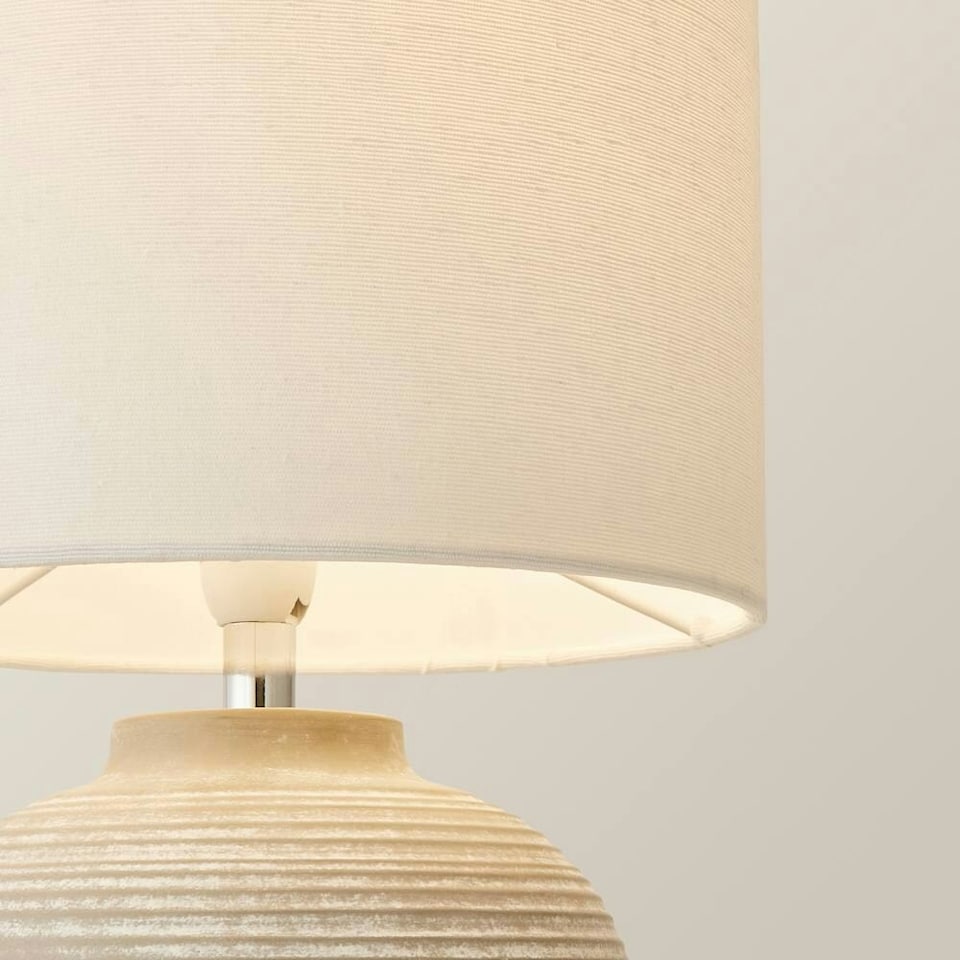 image 1 of ValueLights Reid Linen Drum Lamp Shade Stone Grey Ribbed Ceramic Small Table Lamp | Grey