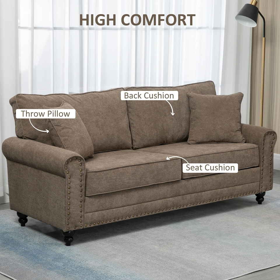 image 1 of HOMCOM Fabric Sofa 3 Seater Sofa for Living Room w/ Throw Pillow Brown