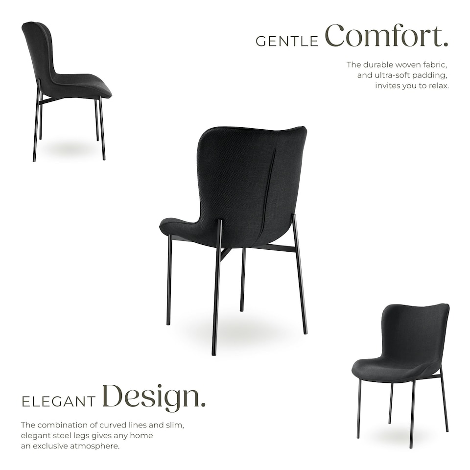 image 1 of Dining Chair Tessa - ergonomic high backrest, slim steel legs, soft fabric - Set of 2 Black | Woven Fabric Black/Black