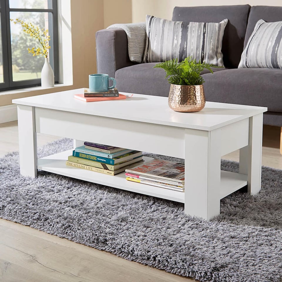 image 1 of Wooden Coffee Table With Lift Up Top Storage Area and Magazine Shelf | White