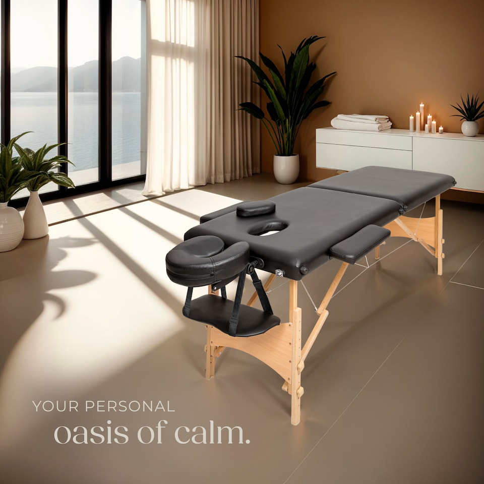 image 1 of Massage Table - 2-zones with wooden frame, bolsters, carry bag, head and armrests | Black | black | 1