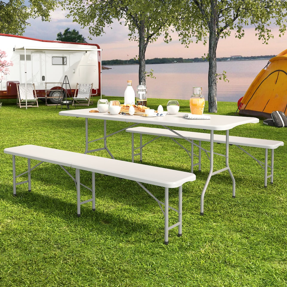 image 1 of 6ft Folding Table and benches heavy duty Indoor and Outdoor use Garden Camping Event Table White | White | White