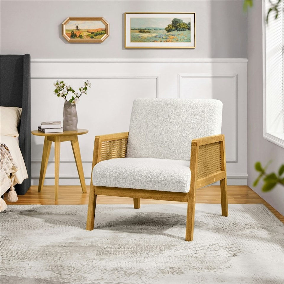 image 1 of Yaheetech Fabric Accent Chair with Rattan Sides Rubberwood Legs | White | Ivory