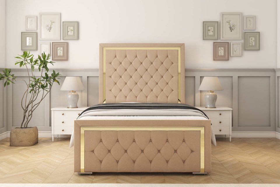 image 1 of Sloomy Sofia Gold Pebble Plush Bed Frame With Mattress With 50" Upholstered Headboard 6' Super King