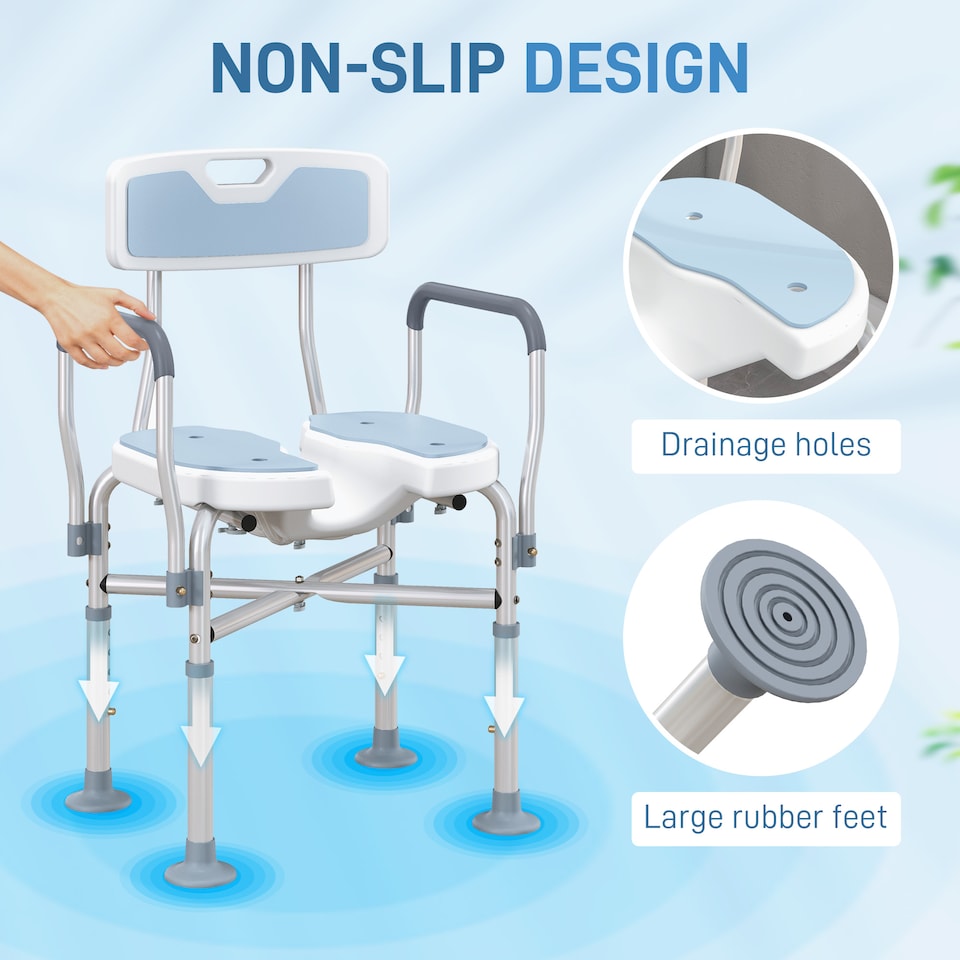 image 1 of HOMCOM Shower Chair with Hygiene Cut-Out Seat and Reinforced Crossbars, Height Adjustable Padded Bath Chair with Non-slip Feet for Elderly Seniors Disabled Handicap, Tool-Free Assembly, Light Blue