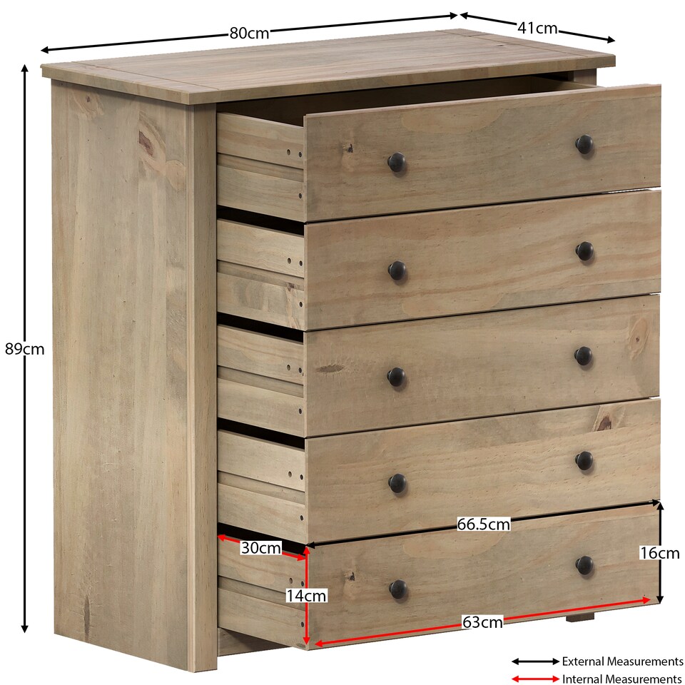 image 1 of Vida Designs Panama 5 Drawer Chest of Drawers Bedroom Storage, Solid Pine Wood