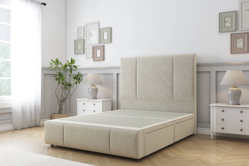 image 1 of Sloomy Lisbon Cream Plush Divan Bed Base 2 Drawers Foot-End With 26 Inch Strutted Headboard & 12 Inch Matching Footboard | Cream | Cream | Small Double | 1