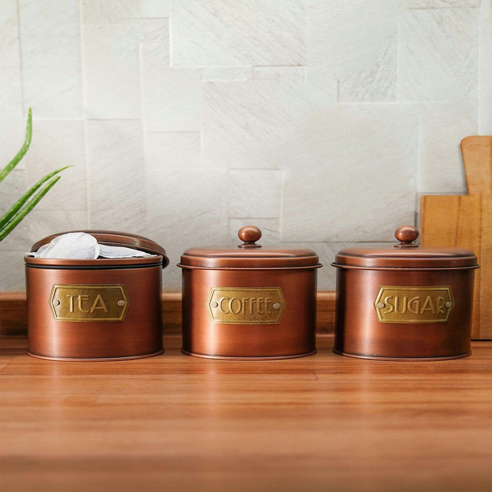 image 1 of Copper Coffee, Tea, And Sugar Canister Set - 17 cm (H) x 13 cm (Dia)