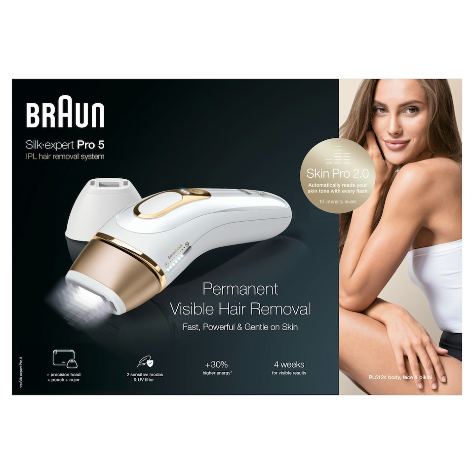 image 1 of Braun IPL Silk-Expert Pro 5, At Home Hair Removal Device with Pouch, White/Gold, PL5124