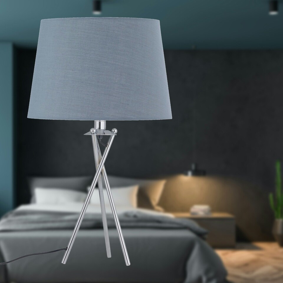 image 1 of First Choice Lighting Set of 2 Tripod Table Lamps with Grey Cotton Fabric Shades Chrome | Grey