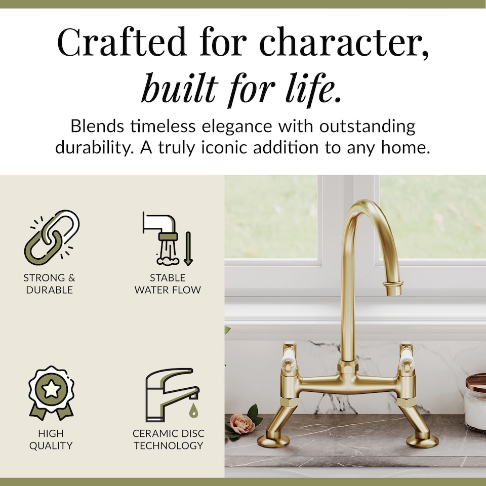 image 1 of Traditional Kitchen Sink Bridge Mixer Tap - Brushed Brass Lever | Copper | Brushed Brass | 1