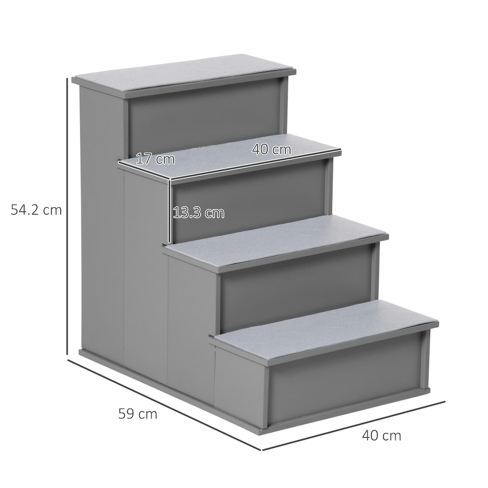 image 1 of PawHut 4 Step Wooden Dog Steps Pet Stairs Cat Ladder for Bed Couch, Grey
