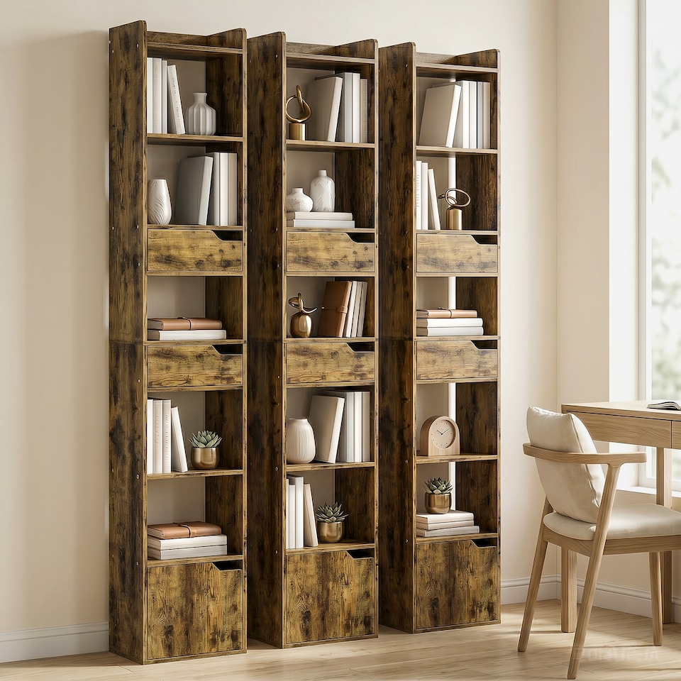 image 1 of HOMCOM Bookcase Tall Narrow with 5 Tiers Drawers