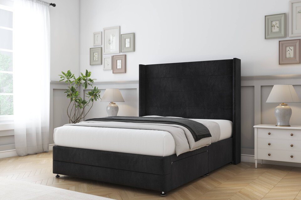 image 1 of Sloomy Sterling Black Naples Divan Bed Base No Drawers With 54 Inch Wingback Headboard & 12 Inch Matching Footboard | Black | Black | King | 1