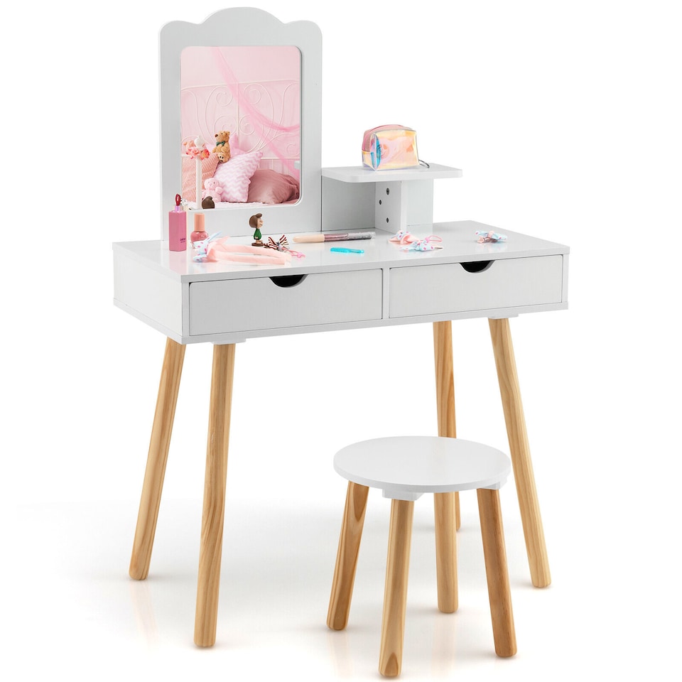 image 1 of COSTWAY 2 in 1 Kids Vanity Set Kids Wood Vanity Table White