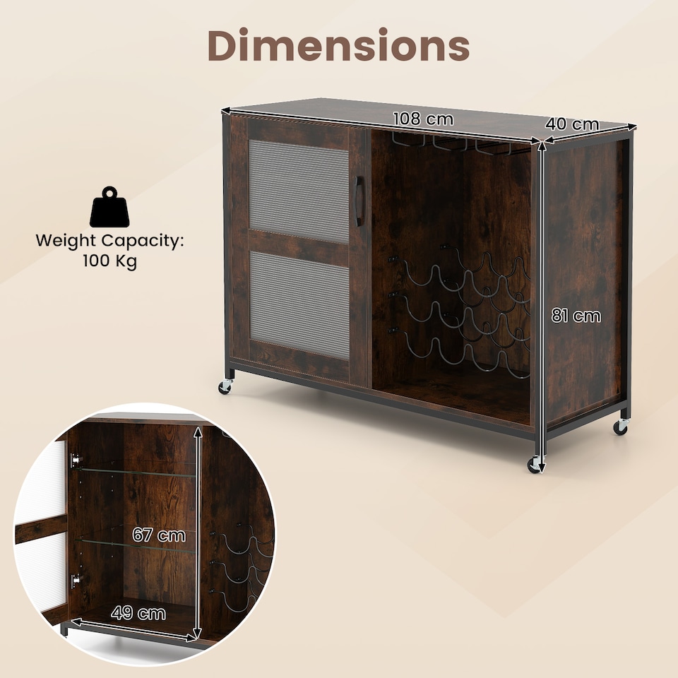 image 1 of COSTWAY Wine Bar Cabinet Liquor Buffet Sideboard with Wheels Brown