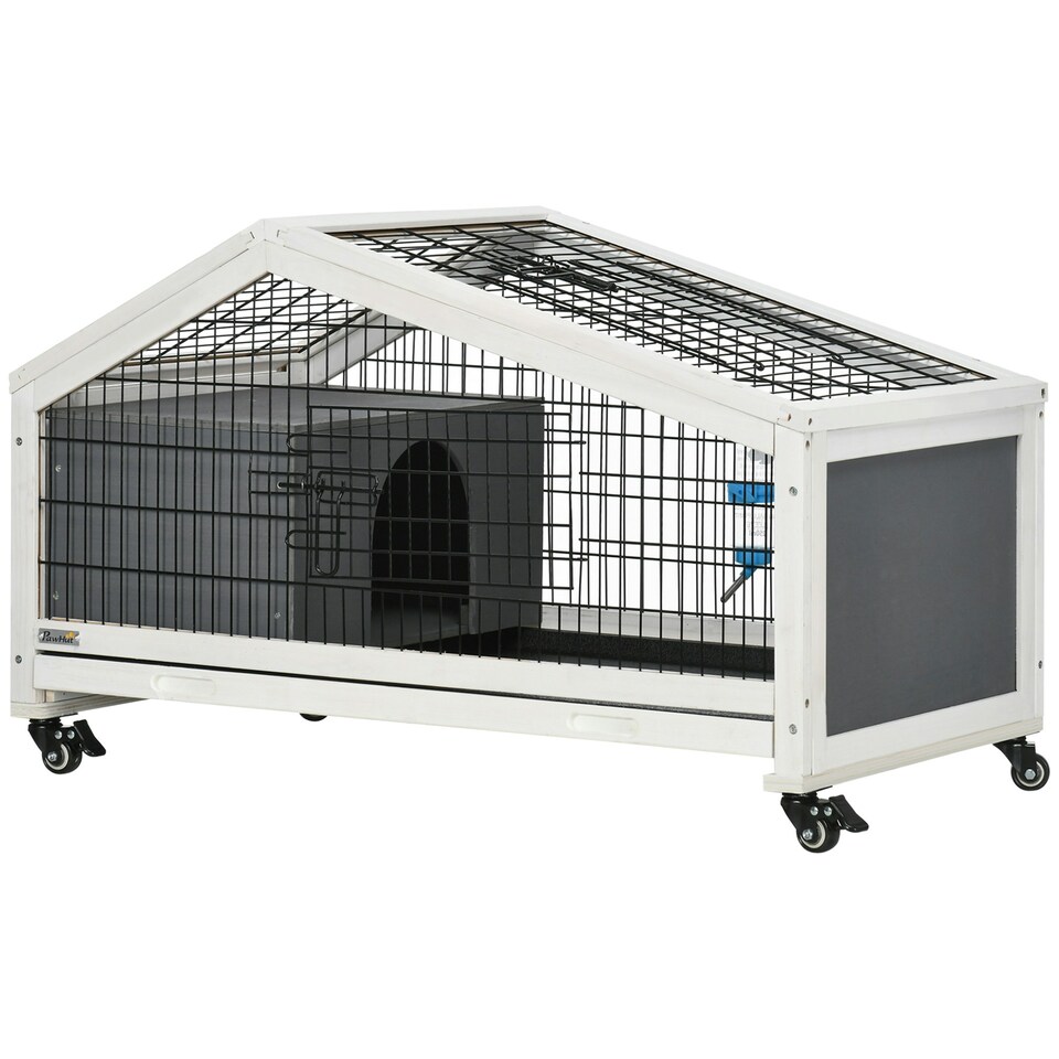 image 1 of PawHut Rabbit Cage with Water Bottle, Wheels, Plastic Slide-Out Tray - Dark Grey