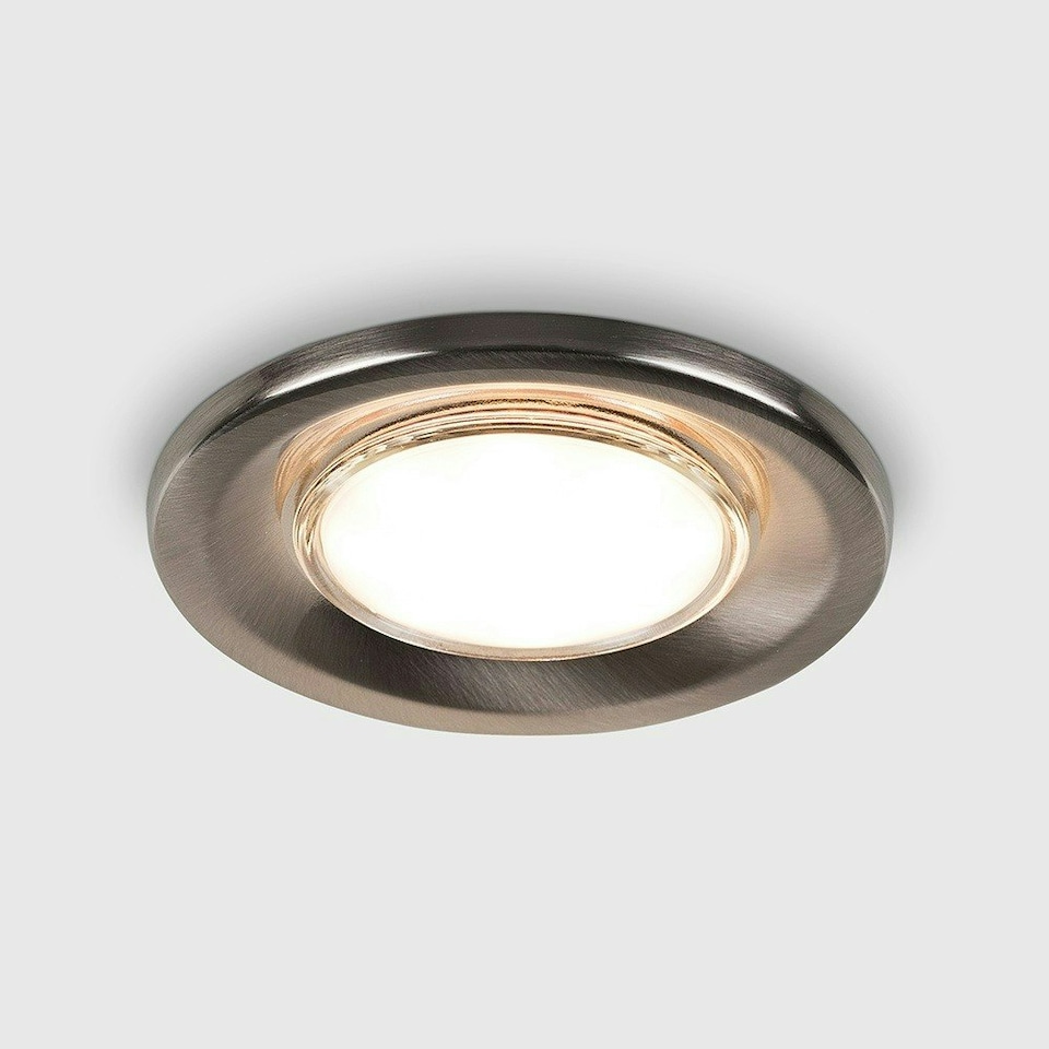 image 1 of ValueLights Pack of 10 - Fire Rated Brushed Chrome GU10 Recessed Ceiling Downlight/Spotlights With 5w LED Bulbs In Warm White | Chrome