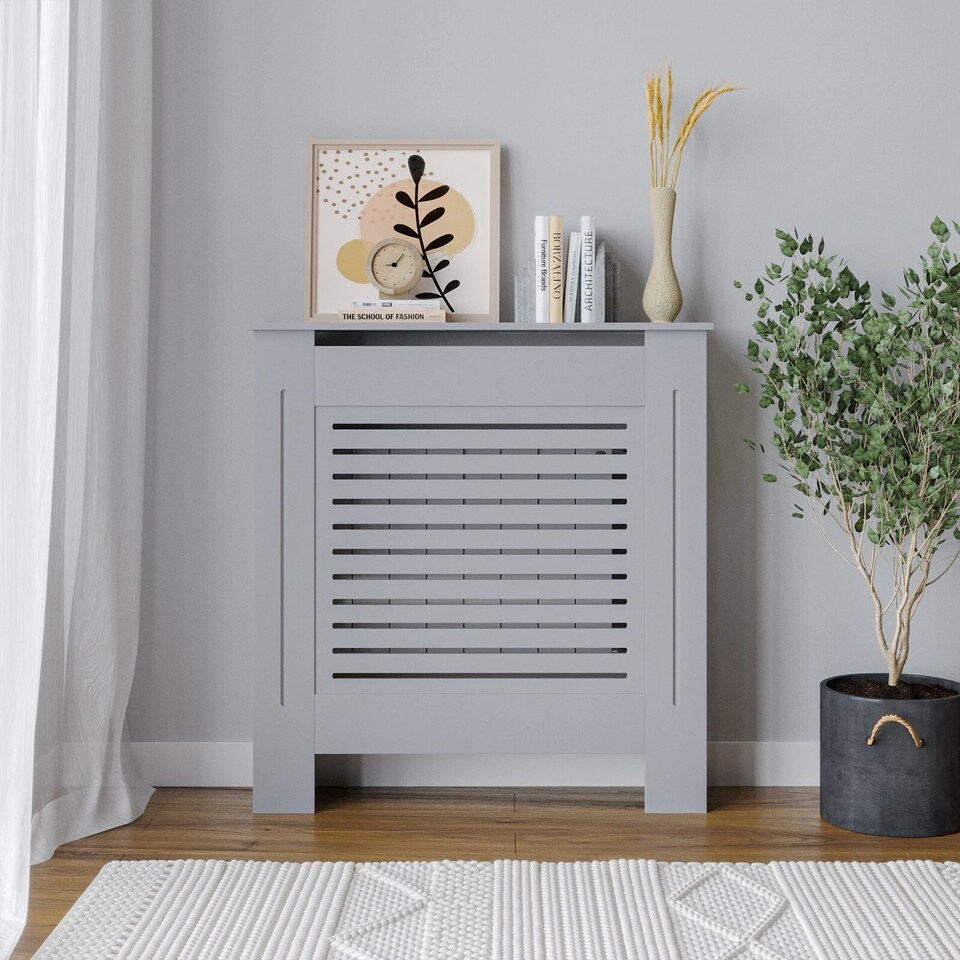 image 1 of Modern Wooden Radiator Cover MDF Grill Shelf Cabinet Furniture | Grey | Small Grey