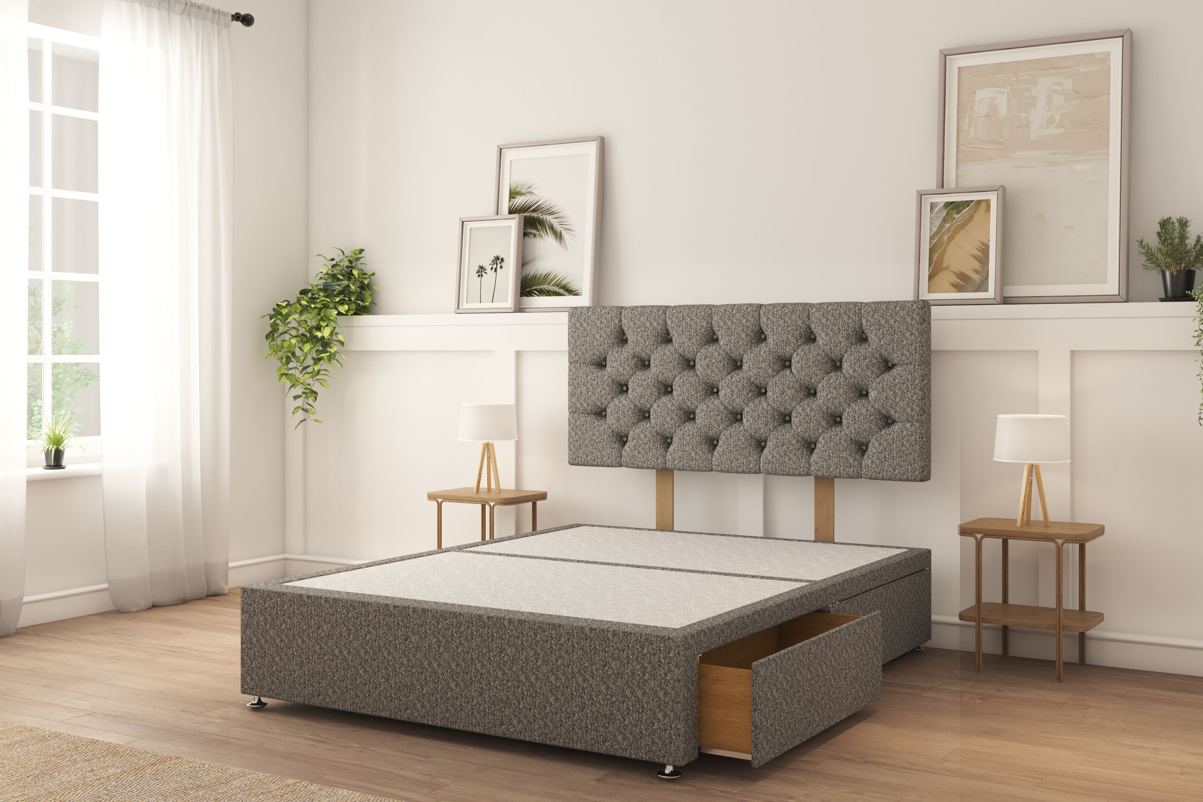 Sloomy Mayfair Pewter Tweed Divan Bed Base 2 Drawers Same Side With 26" Strutted Headboard 4'6 Double
