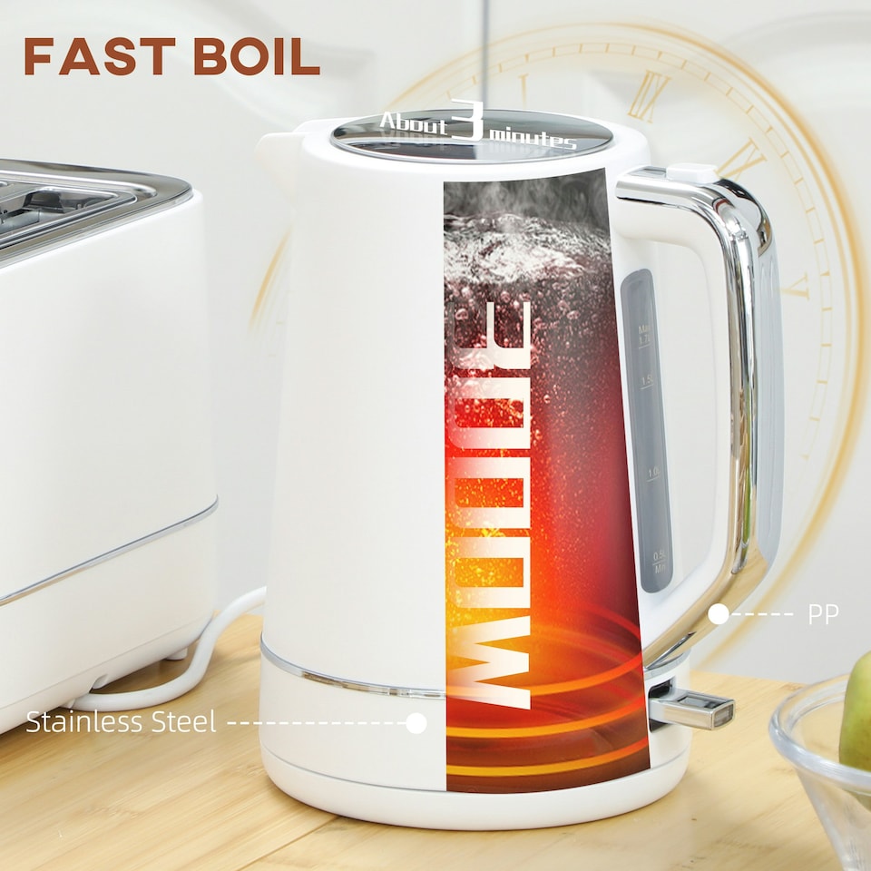 image 1 of HOMCOM 1.7L 3000W Fast Boil Electric Kettle 2 Slice Toaster Set White