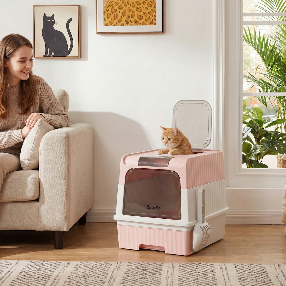 image 1 of PawHut Cat litter Box, Enclosed Cat Litter Box w/ Lid, Pull-Out Drawer Tray