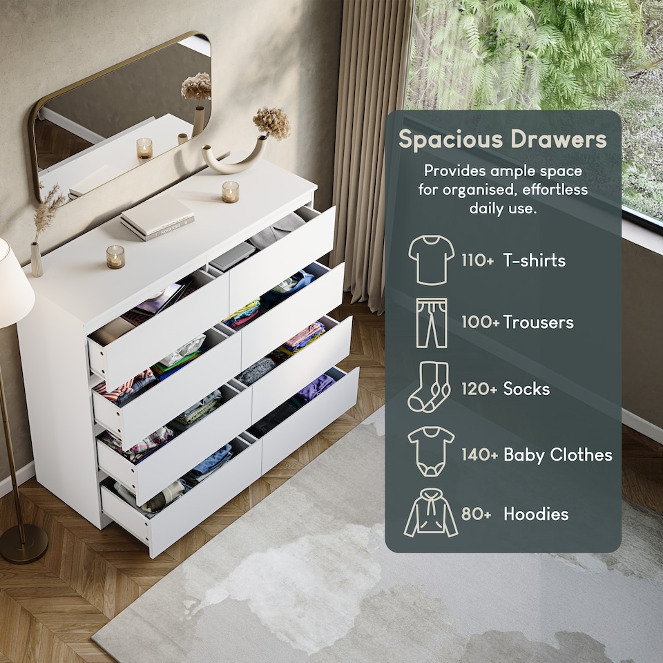 image 1 of Vida Designs Denver 8 Drawer Chest of Drawers Bedroom Storage, White