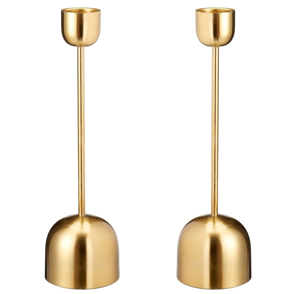 image 1 of Metal Taper Candlestick Bell Candle Holder Stand Wedding Centrepiece Display | Gold | 2x Gold 25cm