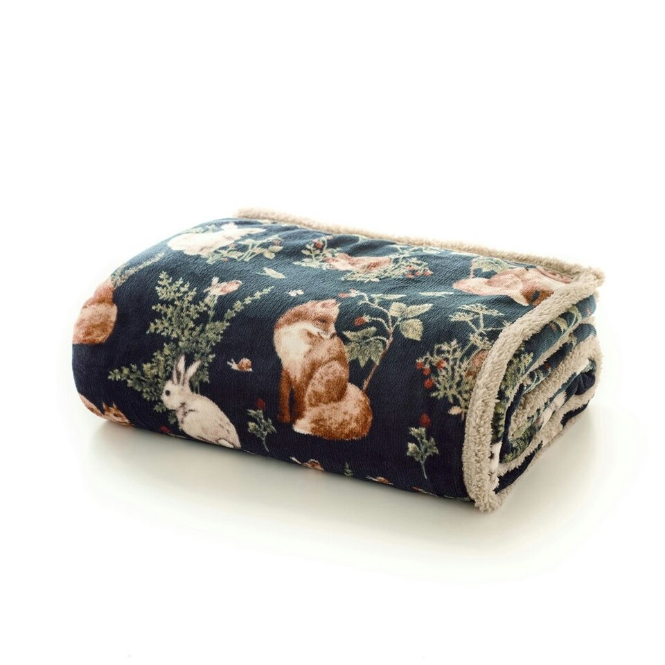 image 1 of Woodland Wildlife Forest Animal Flannel Throw with Sherpa Back – 140x180cm Blue | Navy