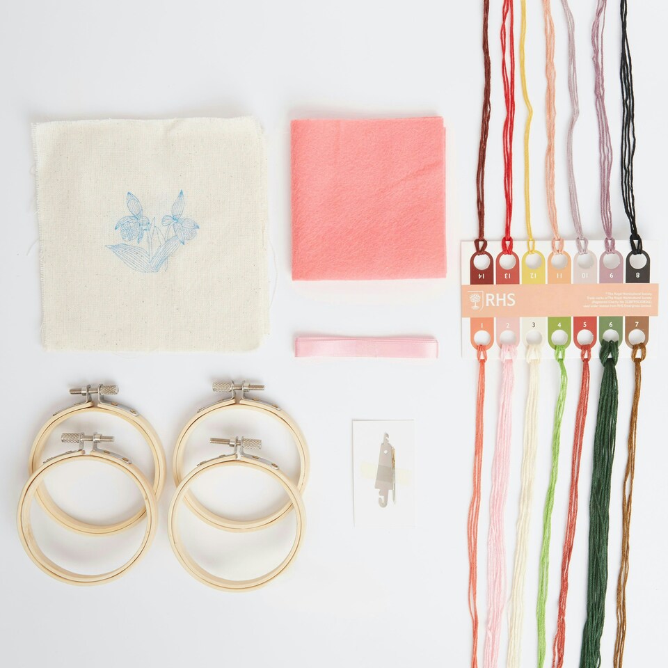 image 1 of RHS Embroidery Hoop Decoration Kit, Miniature Florals, Multicoloured, 9cm
