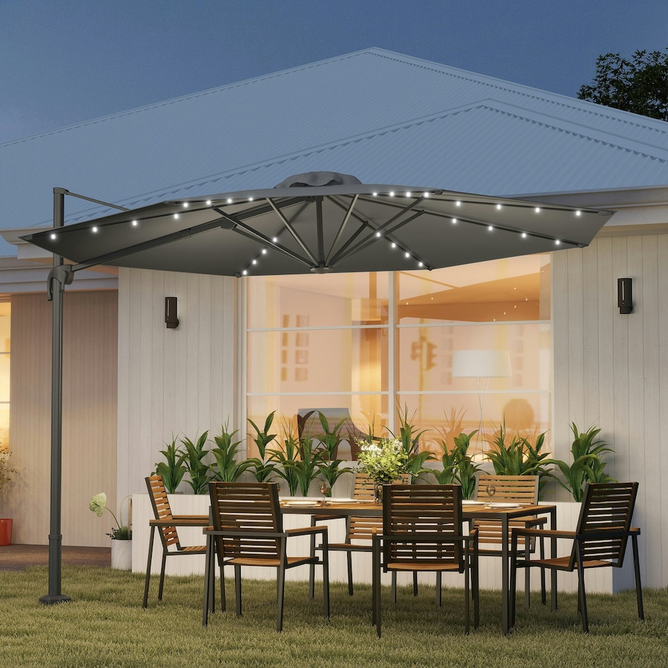 image 1 of Outsunny 3(m) Cantilever Parasol Patio Umbrella w/ Crank Solar Lights Dark Grey