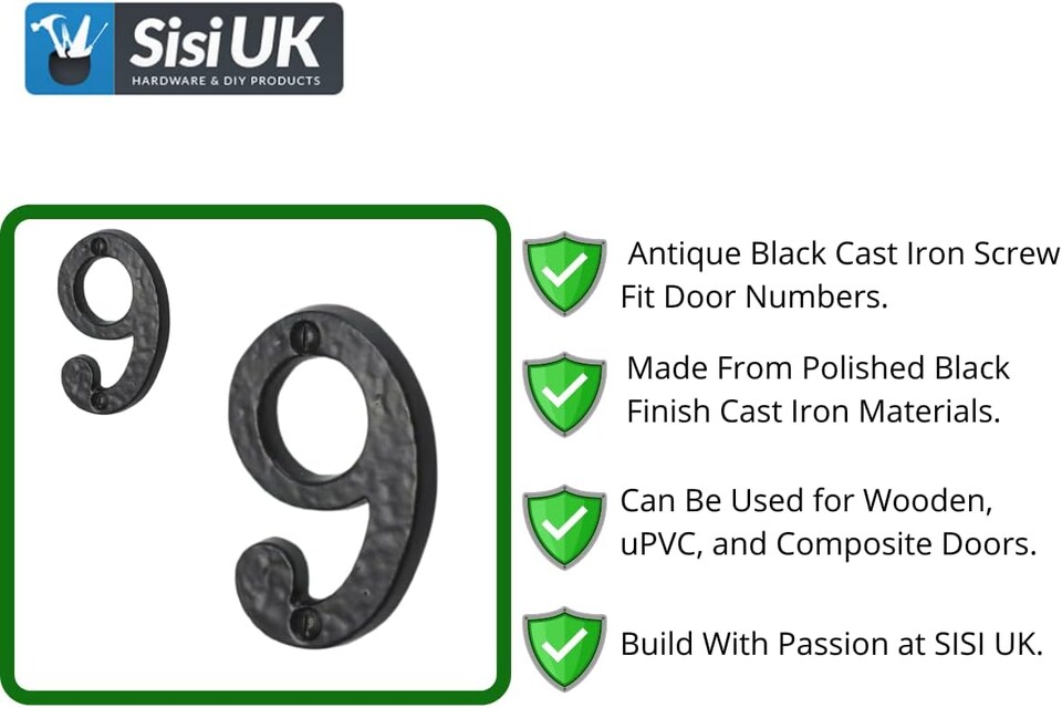 image 1 of 3 Inch Antique Black Cast Iron House Number 9 – Door Numeral with Matching Screws for Front Door, Gate & Wall